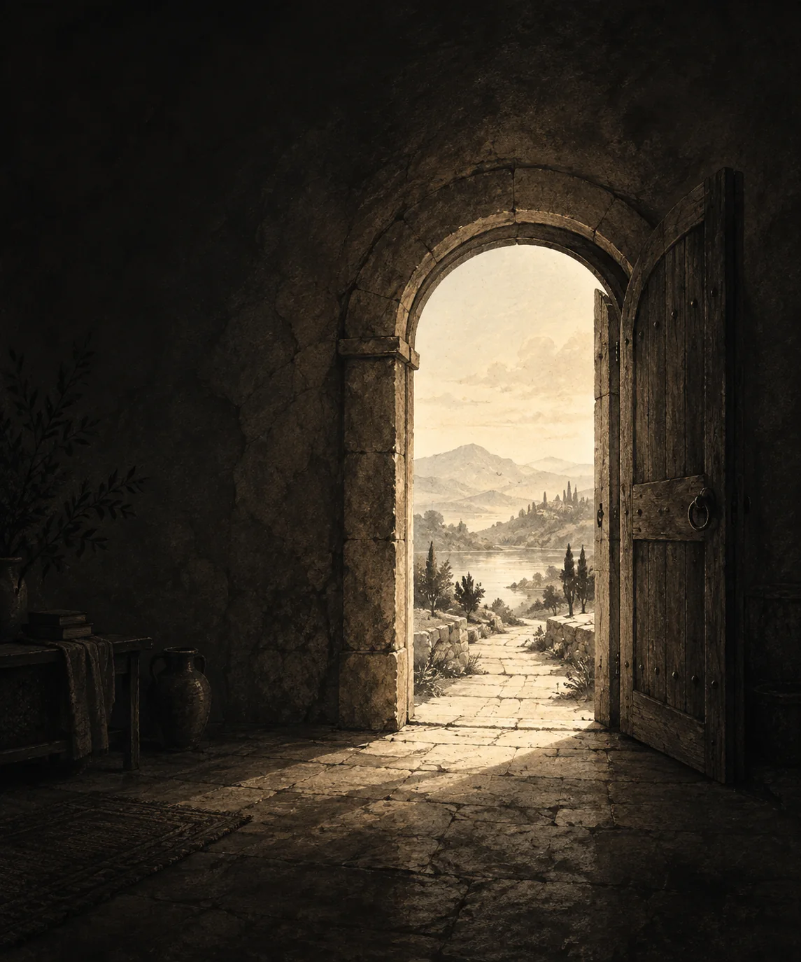 A warm arched opening in Kynd’s charcoal world